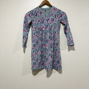 Tea Collection Light Blue Long Sleeve Dress w/Pink Tulip Flowers Girls Size 8